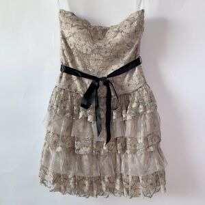 AS YOU WISH Women Junior Sz M Nude Mesh Tiered Ruffle Dress Lace Prom Homecoming